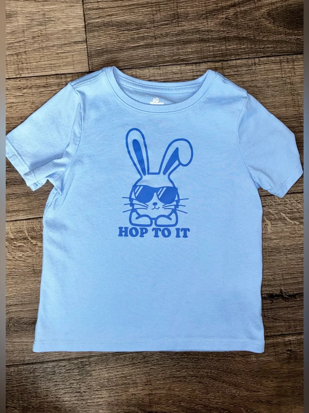 Kids Light Blue Bunny Tee with 'Hop To It' Graphic